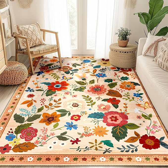 Floral 6x9 Area Rug Machine Washable Soft Print Boho Carpet Non Slip Doormat Low Pile Flower Area Rugs for Living Room Bedroom Nursery Kitchen Dining Room Indoor-Light Orange