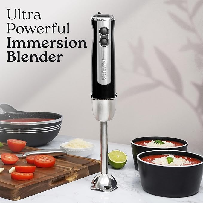 Zulay Immersion Stick Mixer Hand Blender - 800 Watts, Turbo Mode, 5-ft Power Electric Cord, Handheld Portable, Stainless Steel Blades - For Effortless Blending Smoothie, Soup, Baby Food, Puree - Black