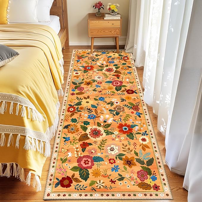 Floral 2x6 Area Rug Machine Washable Soft Print Boho Carpet Non Slip Doormat Low Pile Flower Area Rugs for Living Room Bedroom Nursery Kitchen Dining Room Indoor-Yellow/Orange