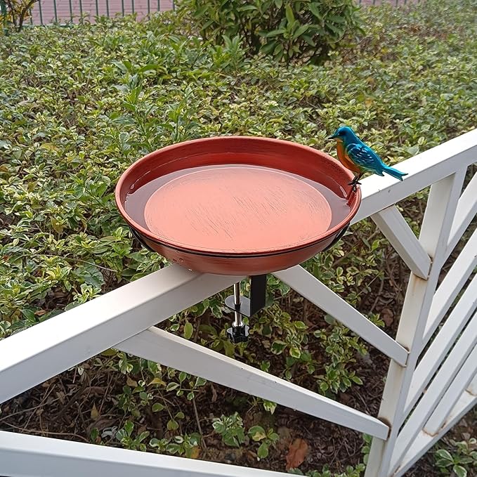 Deck Bird Bath for Outdoors, 11" Copper Metal Birdbath Bowl with Adjustable Big Steel Clamp Backyard Bird Bath&Bird Feeder for Railing Balcony Fence Yard Art Garden Decor