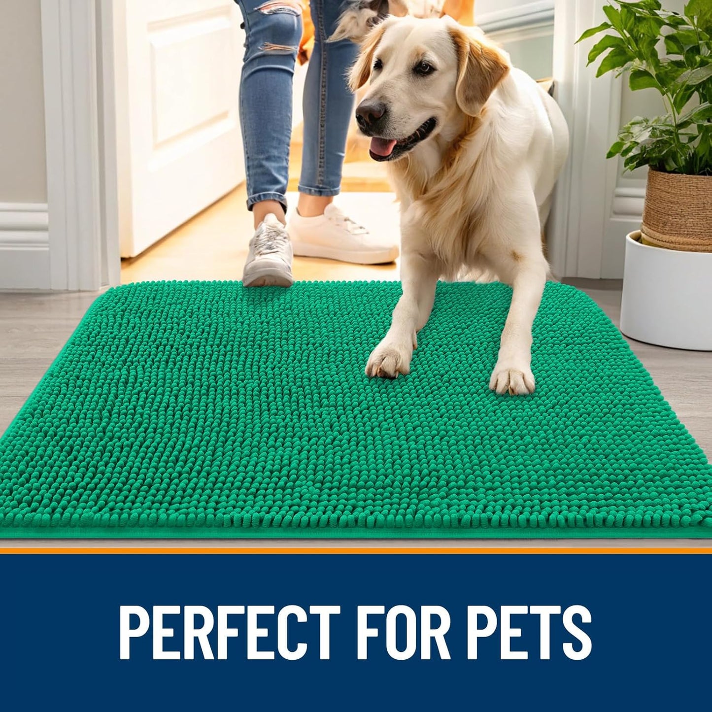 OLANLY Dog Door Mat for Muddy Paws 44x24, Absorbs Moisture and Dirt, Absorbent Non-Slip Washable Doormat, Quick Dry Chenille Mud Mat, Entry Indoor Entryway Carpet for Inside Floor, Emerald Green