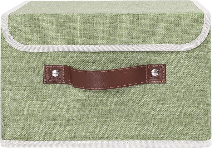 ANMINY Storage Bin with Lid Storage Boxes with PU Leather Handles PP Plastic Board Decorative Foldable Lidded Cotton Linen Fabric Home Cubes Baskets Closet Organizer Container - Green, Small Size