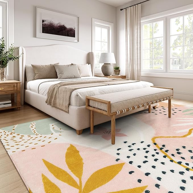 Lahome Pink Washable Rugs 8x10 - Non-Slip Backing Large Living Room Carpet Low Pile Throw Boho Area Rugs for Bedroom, Botanical Print Ultra-Thin Indoor Rug for Classroom Nursery Dining Room Home
