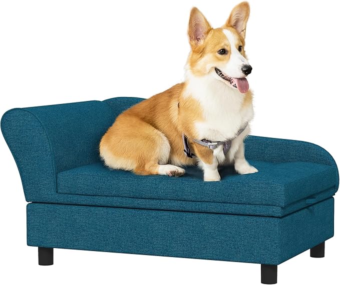 Pet Sofa, Dog Couch, Elevated Pet Bed for Small and Medium Dogs, with Hidden Storage, Soft Tufted Cushion, Dark Blue