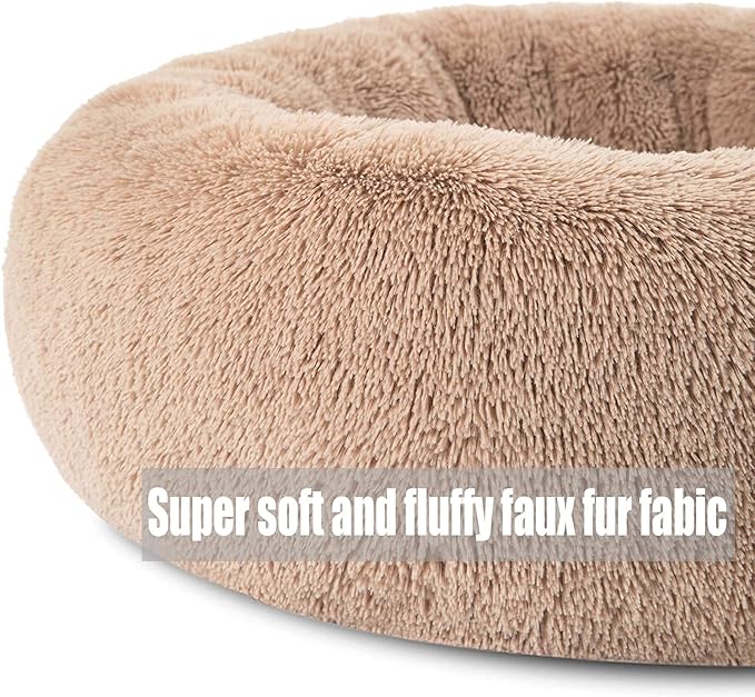 Calming Faux Fur Dog Beds Calming Donut Cuddler Dog Bed Washable Round Cat Bed Pillow Cuddler Fluffy Indoor Dog Calming Beds with Anti Slip Bottom Solid Color Dark Red 39 Inch