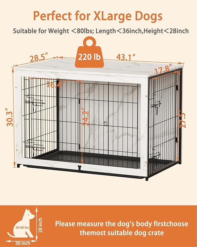 Megidok Wooden Dog Crate Furniture with Cushion,Large Dog Crate End Table with Tray, Double Doors Kennels Indoor (43.1" L*28.6" W*30.3" H, Marble White)