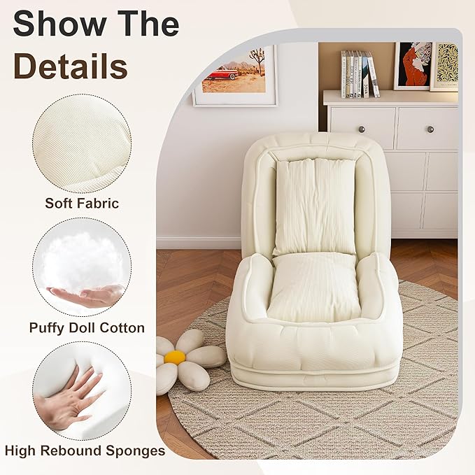 Adjustable 5-Position Human Dog Bed for People, Big Comfy Plush Floor Gaming Lazy Sofa Chair with Pillows & Back Support, Foldable Lounge Loveseat Couch for Living Room Bedroom (Off White)
