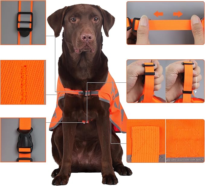 Orange Reflective Dog Vest for 3XLarge Breeds, High Visibility Dog Safety Vest Harness with Removable Bell Keep Safe from Hunting, Training & Cars Accidents