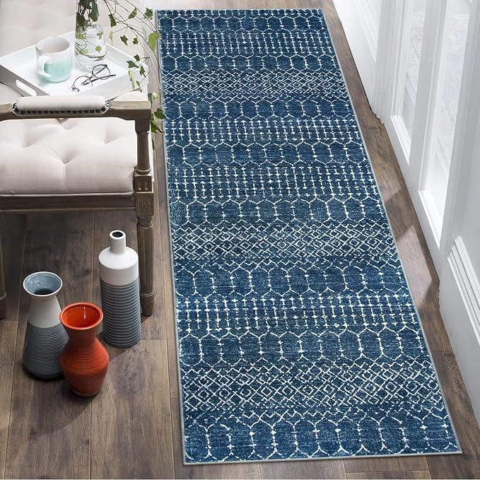 Lahome Moroccan Blue Runner Rug 2x6 Rug Non-Slip Stain Resistant Kitchen Rug