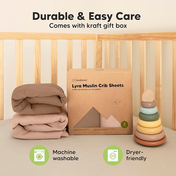 KeaBabies 2-Pack Muslin Crib Sheets for Boys, Girls - 100% Organic Cotton Fitted Baby Crib Mattress Sheet, Soft Breathable Standard Toddler Bed Cover Bedding Set, Neutral, Durable 52x28 (Russet)