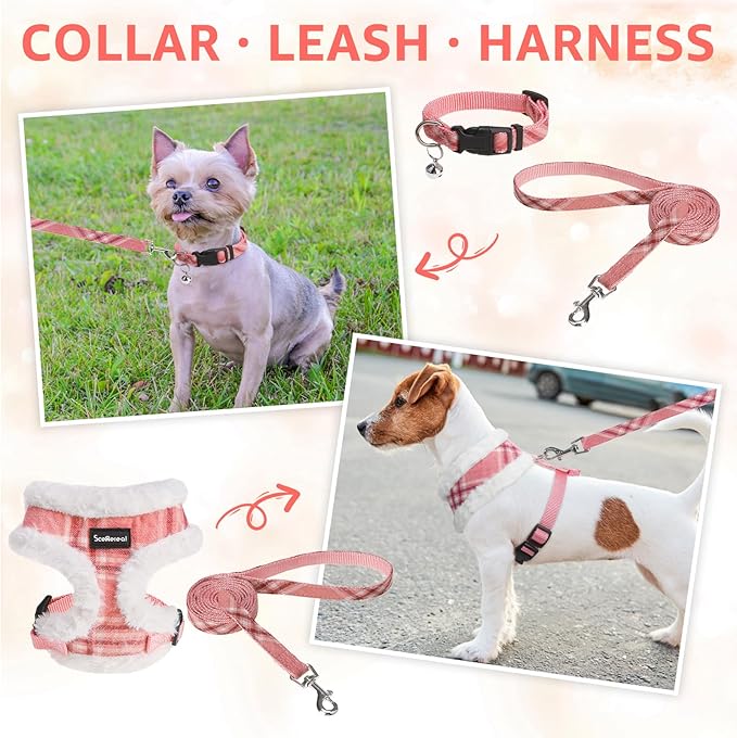 SCENEREAL Small Dog Harness Collar and Leash Set, Mesh Plush No Pull Puppy Vest Harness, Warm Fleece No Chock Small Pet Halter for Outdoor Walking Training, Pink Plaid XS