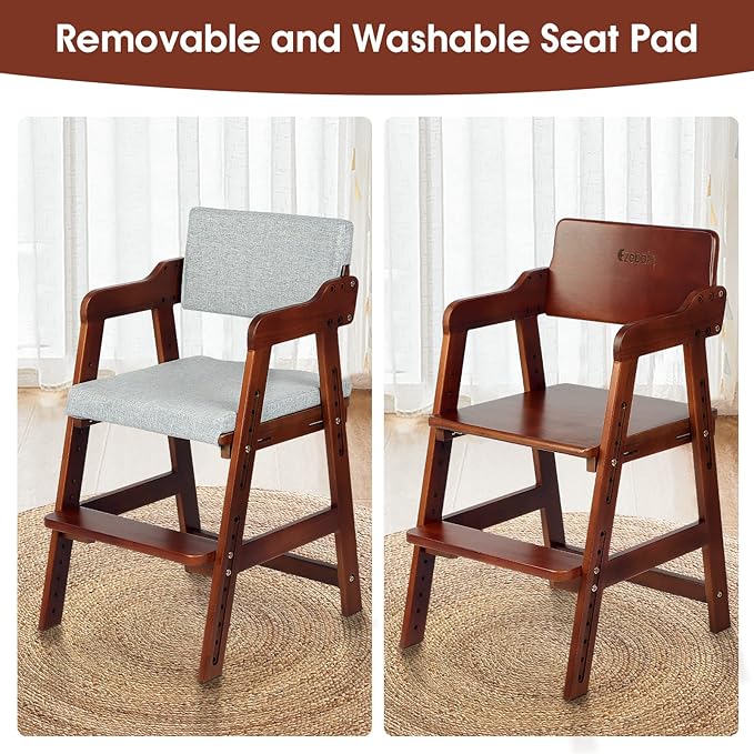 Ezebaby Wooden High Chair for Toddlers to Teens, Adjustable Kids Study & Dining Chair with Steps and Removable Cushion (Nut-Brown)