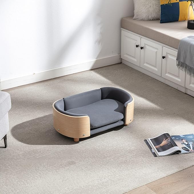 Scandinavian Style Elevated Dog Bed Pet Sofa with Solid Wood Legs and Bent Wood Back, Velvet Cushion, Small Size, Natural Frame & Dark Grey Cushion