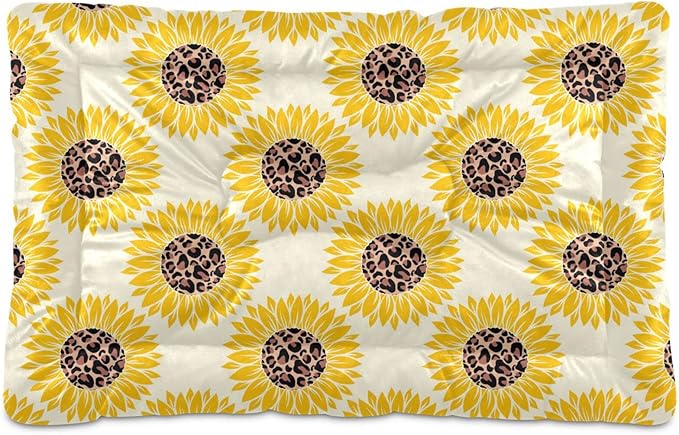 Leopard Print Sunflower Pet Bed Cute Dog Bed Mat Absorbing Non Slip Pad Pet Sleeping Mat for Small, Medium, and Large Dogs Puppy Cat 24 in x 18 in