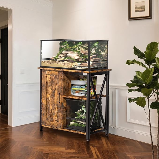 45-67 Gallon Reptile Tank Stand with Power Outlet, Terrarium Stand with Storage Cabinet, 24" Wx18 D Tabletop, Reptile Terrarium, Rustic Brown PG12XYN
