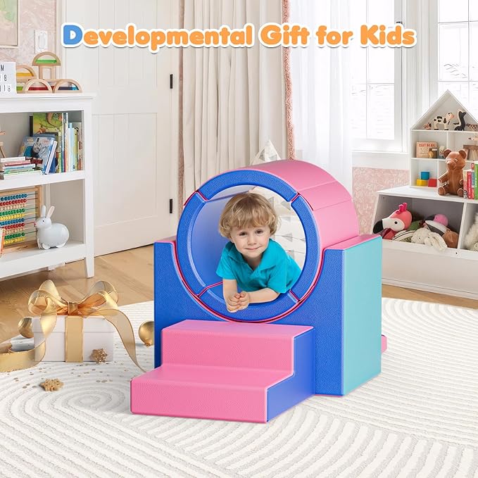 Lischwert Foam Climbing Blocks for Toddlers 1-3, 5pcs Soft Play Set with Tunnel Crawling Exploration Toys, Indoor Infant Safe Blocks for Baby Gym & Toddler Playground - Blue Pink