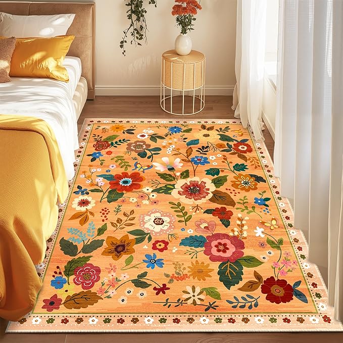 Floral 4x6 Area Rug Machine Washable Soft Print Boho Carpet Non Slip Doormat Low Pile Flower Area Rugs for Living Room Bedroom Nursery Kitchen Dining Room Indoor-Yellow/Orange