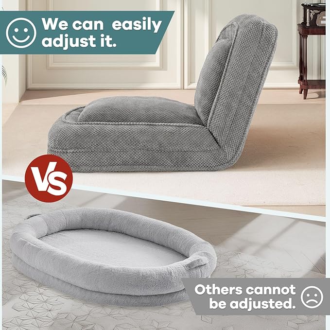 Human Dog Bed for Adults & Pets, 5-Position Adjustable Floor Chair, Convertible Lazy Sofa Bed with Metal Frame & 2 Pillows, Plush Gaming Lounge for Living Room Bedroom Office (Gray)