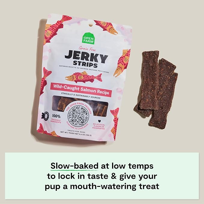 Open Farm, Dog Jerky Treats, Soft & Chewy Oven-Baked Jerky Strips Made with Ethically & Sustainably Sourced Ingredients, Protein Packed Dog Treats, Grain Free Wild Caught Salmon Recipe, 5.6oz Pouch
