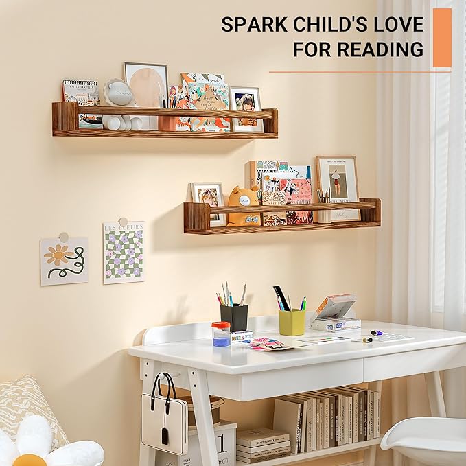 Heimlove 32 Inch Nursery Floating Shelves, Nursery Book Shelves for Wall, Wall Bookshelf for Kids Solid Wood Wall Mounted Shelves for Books,Toys and Decor Storage, Set of 2