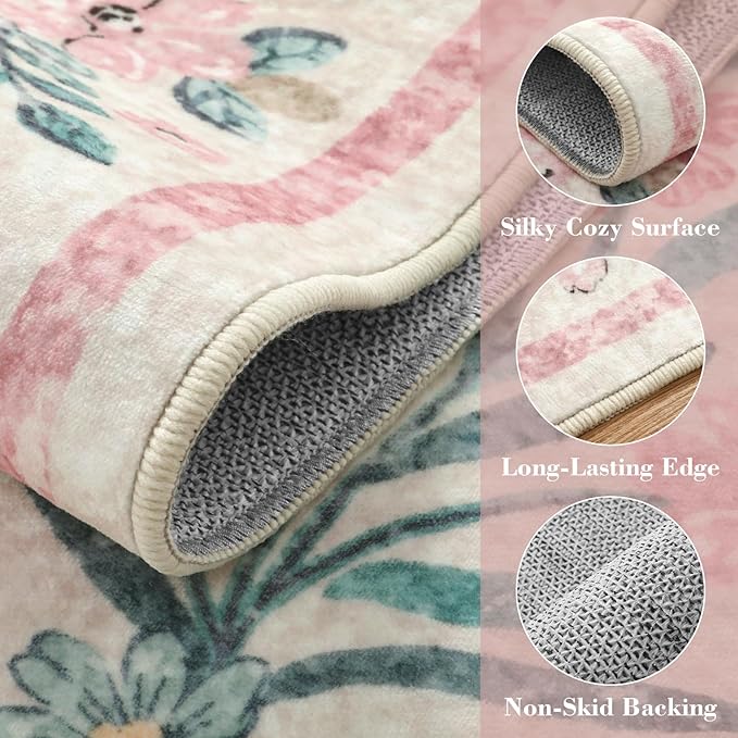 Wonnitar Washable Area Rug 6x9, Pink Floral Rugs for Bedroom Girls Soft Living Room Carpet Ultra-Thin, Boho Non Slip Non-Shedding Pastel Nursery Carpet for Kids Room Playroom Dorm