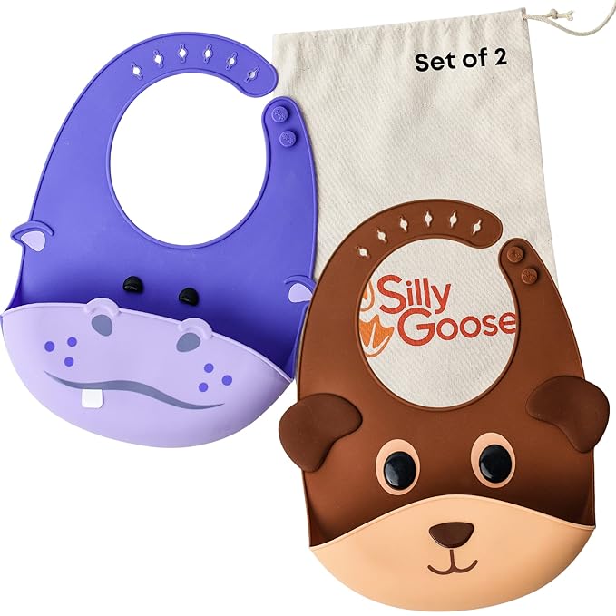 Silly Goose Set of 2 Silicone Animal Baby Bibs for Babies and Toddlers, Waterproof, Adjustable, Soft, Extra Wide Food Catcher Pocket (2PK Hippo+Bear)