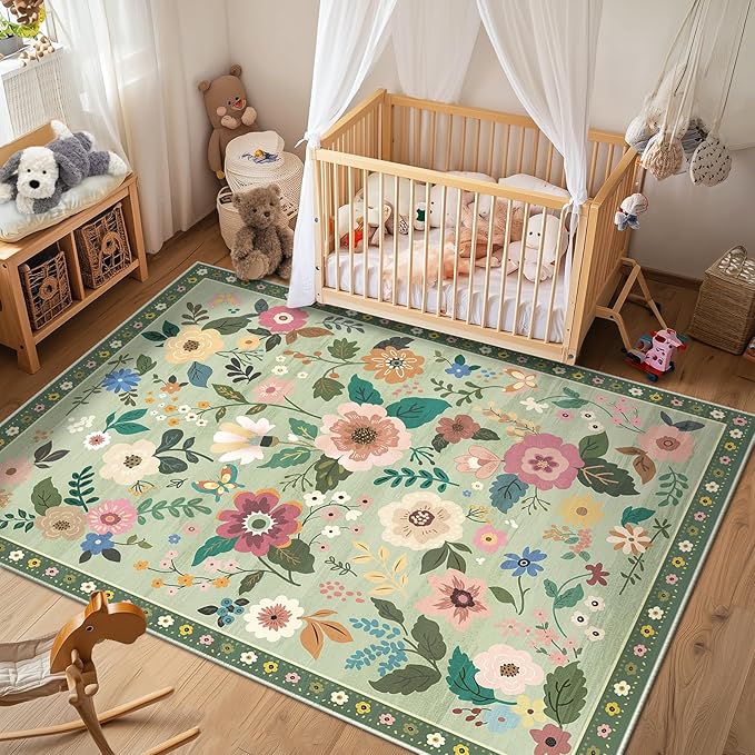 Floral 5x7 Area Rug Machine Washable Soft Print Boho Carpet Non Slip Doormat Low Pile Flower Area Rugs for Living Room Bedroom Nursery Kitchen Dining Room Indoor-Light Green