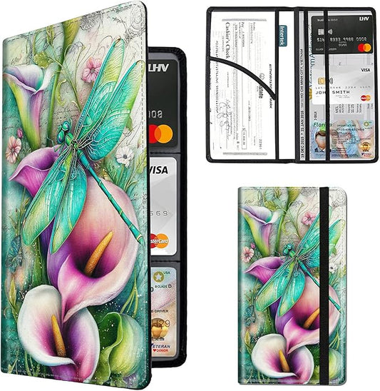 Car Registration and Insurance Holder,PU Leather Car License Document Insurance and Registration Card Holder Men Women Vehicle Glove Box Organizer Auto Accessories-Dragonfly On Calla Lilies Flowers