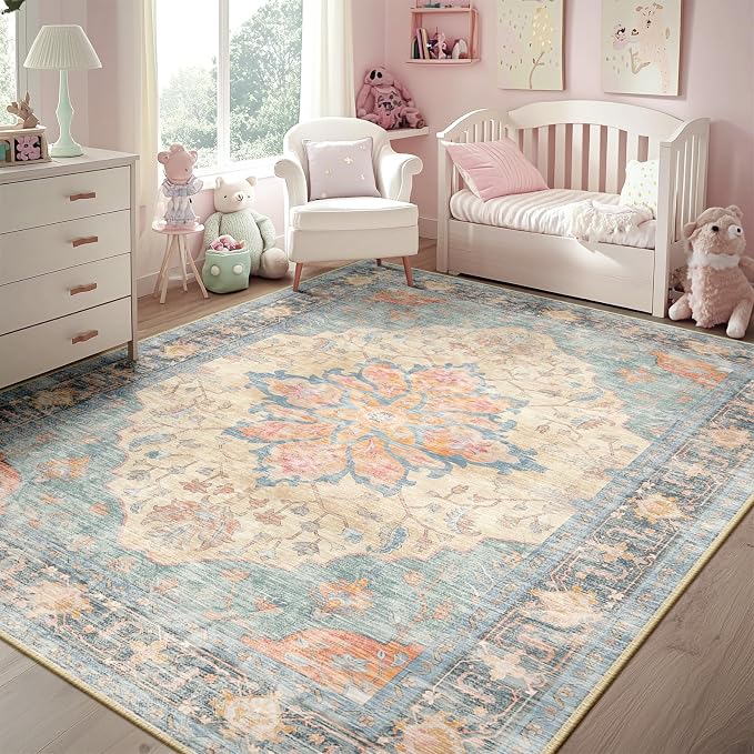 RELEANY Area Rugs 5'x8' Washable Non-Slip, Floral Vintage Distress Medallion