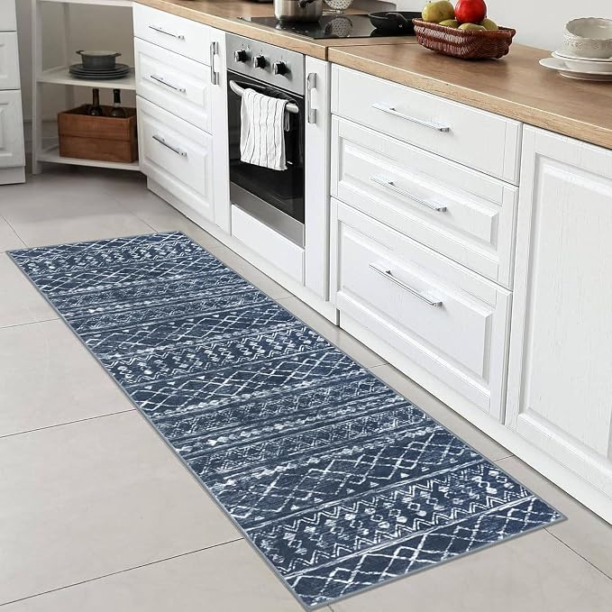 KUTA Moroccan Washable Hallway Runner Rug, 2x6 Non-Slip Vintage Navy Blue Boho
