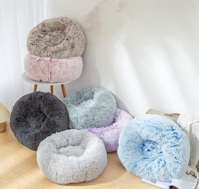 Calming Cat Bed, Soft Round Cuddler Dog Beds Fluffy Plush Faux Fur Pet Beds, Anit-Anxiety Self-Warming Comfy (20", Dark Grey)
