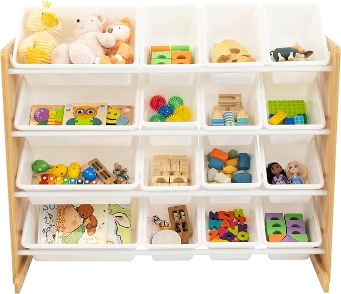 Humble Crew Supersized Toy Storage Organizer with 16 Removable Bins, Natural/White – Large Toy Storage for Toddlers Ideal for Kids' Rooms, Playrooms, and Nurseries - Modern Toy Bins for Kids