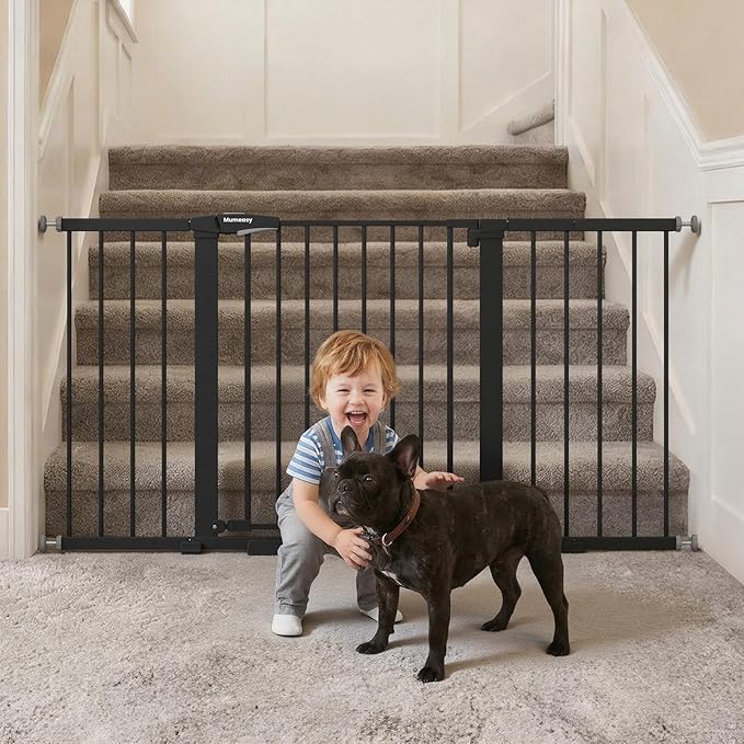 Mumeasy 29.7-57" Extra Wide Baby Gate for Doorways, Auto Close Dog Gate Indoor for Stairs, No-Drill Pressure Mounted Pet Gate with Door, Easy Walk Thru Long&Large Safety Gate for House, Outdoor, Black