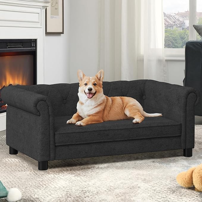 Elevated Rectangle Dog Sofa for Small & Medium Dogs - Comfortable Linen Fabric Dog Bed with Button Tufted Back, Durable Modern and Stylish Pet Bed for Living Room, Bedroom (Black)