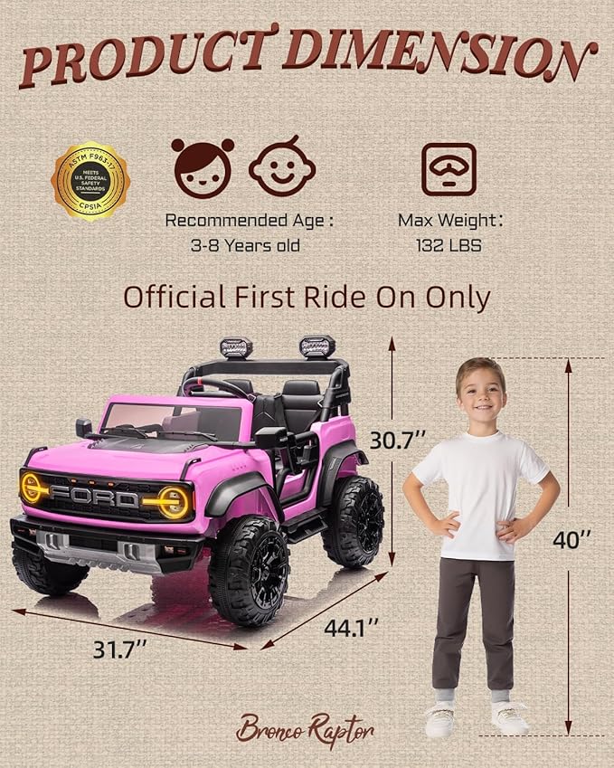 24V Ride on Toys for Big Kids, Licensed Ford Bronco Raptor 2 Seater Ride on Cars with Remote Control, Ride on Truck w/ 4-Wheeler Suspension, 3 Speeds, Led Lights, Bluetooth (24V, Pink)