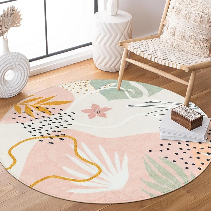 Lahome Boho Pink 3Ft Round Area Rugs - Soft Cute Small Circle Rug for Kids Nursery Room, Washable Non-Slip Botanical Print Circular Carpet for Sofa Playroom (Pink,3'x3')