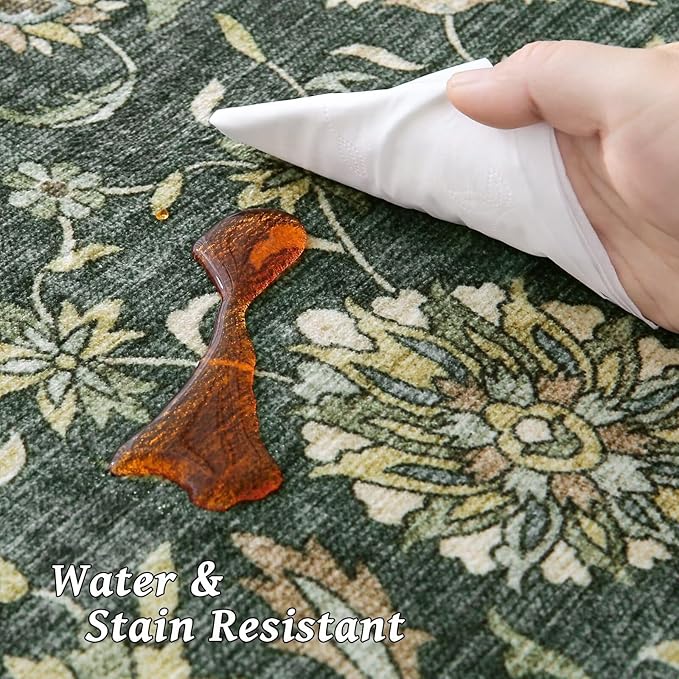 Washable 5x7 Area Rugs for Living Room, Boho Non-Slip Silicone Backing Rugs for Bedroom Dining Room Nursery Office, 0.3" Neutral Oriental Throw Carpet with 0.16" Cushioning Pad, Sage Green/Multi