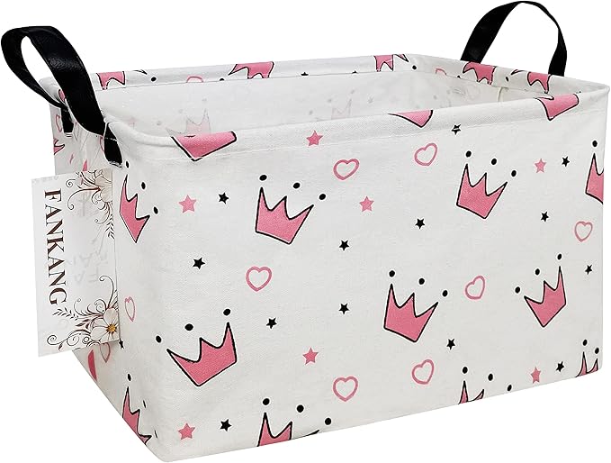 FANKANG Storage Bins, Nursery Hamper Canvas Laundry Basket Foldable with Waterproof PE Coating Large Storage Baskets for Kids Boys and Girls, Office, Bedroom, Clothes,Toys(Rec-pink crowns)