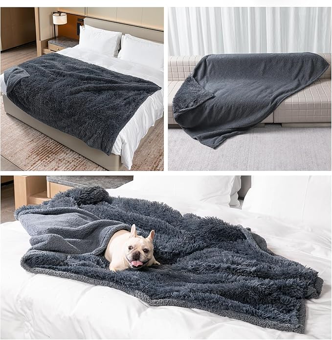 Pet Throw Blankets for Dogs Gray Cozy Waterproof Fluffy Long Faux Fur Dog Cat Calming Blanket for Couch Sofa Cover Furniture Protection, Gray XS-28x20in