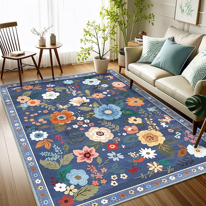 Floral 4x6 Area Rug Machine Washable Soft Print Boho Carpet Non Slip Doormat Low Pile Flower Area Rugs for Living Room Bedroom Nursery Kitchen Dining Room Indoor-Blue/Grey