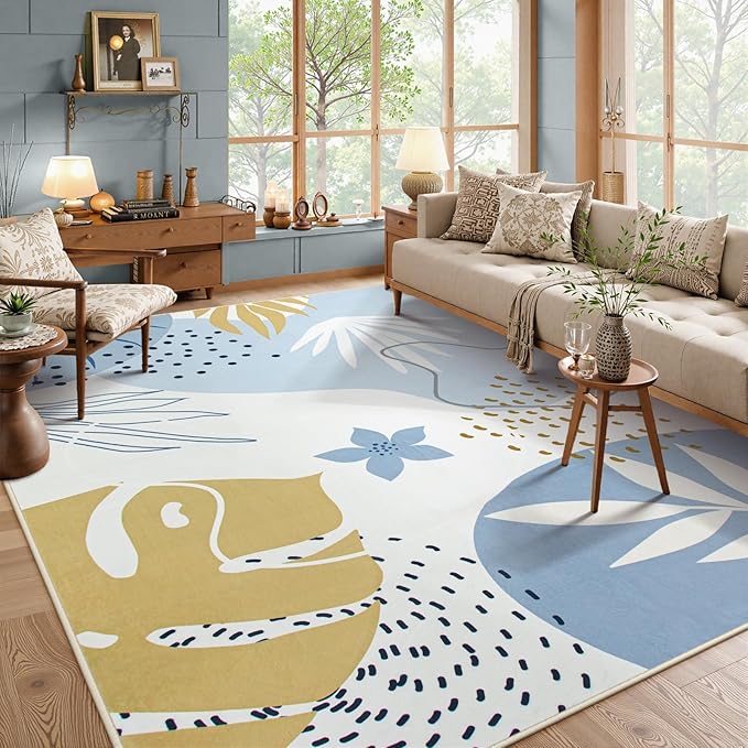 Lahome 8x10 Area Rugs for Living Room - Non-Slip Washable Ultra-Thin Soft Bedroom Rug 8x10 Under Bed, Boho Botanical Print Carpet for Dining Room Office Nursery, Blue