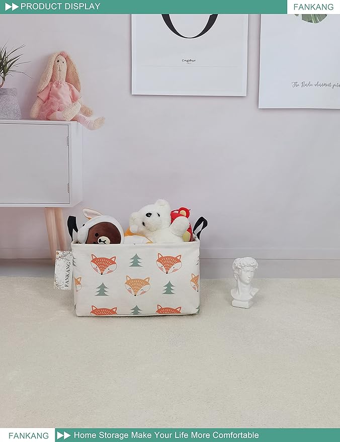 FANKANG Storage Bins, Nursery Hamper Canvas Laundry Basket Foldable with Waterproof PE Coating Large Storage Baskets for Kids Boys and Girls, Office, Bedroom, Clothes,Toys(Rec-Fox ）