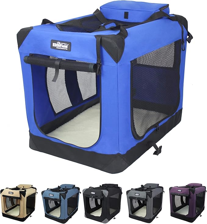 EliteField 3-Door Folding Soft Dog Crate with Carrying Bag and Fleece Bed (2 Year Warranty), Indoor & Outdoor Pet Home (20" L x 14" W x 14" H, Royal Blue)