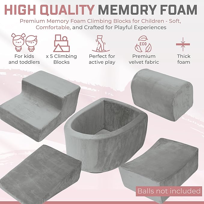 Foam Climbing Blocks for Toddlers 1-3 - Baby Climb and Crawl Activity Playset - Indoor Activity Play Structure for Toddlers - Foam Soft Play Set for Babies - Balls NOT Included - Gray