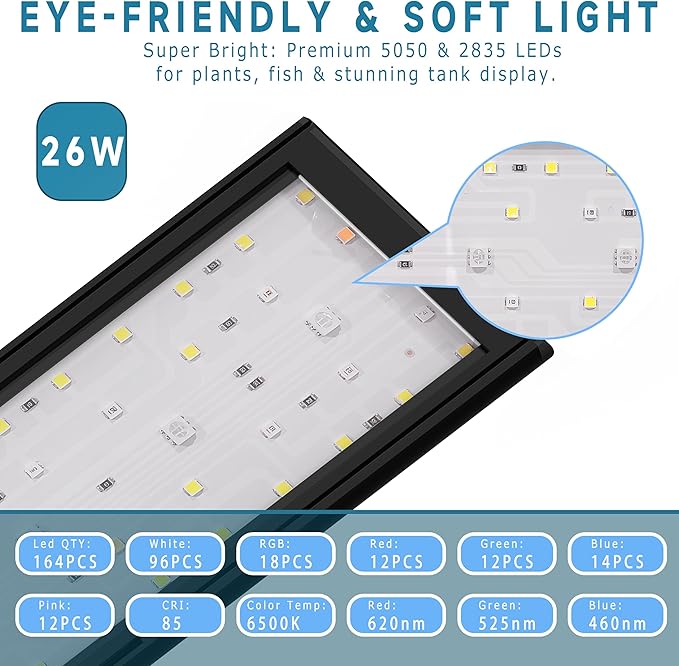 24/7 Mode LED Aquarium Light for 36-45 Inch Plant & Fish Tank, IP68 Full Spectrum Light, Sunrise-Daylight-Moonlight, White Red Green Blue Pink LEDs with Extendable Brackets for Freshwater