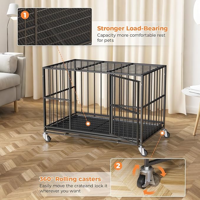 38 Inch Heavy Duty Dog Crate Steel Escape Proof, Dog Kennel Indoor Double Door High Anxiety Cage, Removable Tray, Crate with Wheels,XL