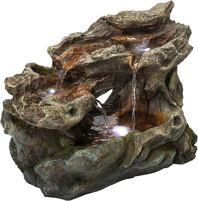 Alpine Corporation WIN1334 10" Tall Tabletop 3-Tier Waterfall Rock Fountain with LED Lights, Indoor Decorative Water Feature for Desk, Table, Office, and Home, Brown