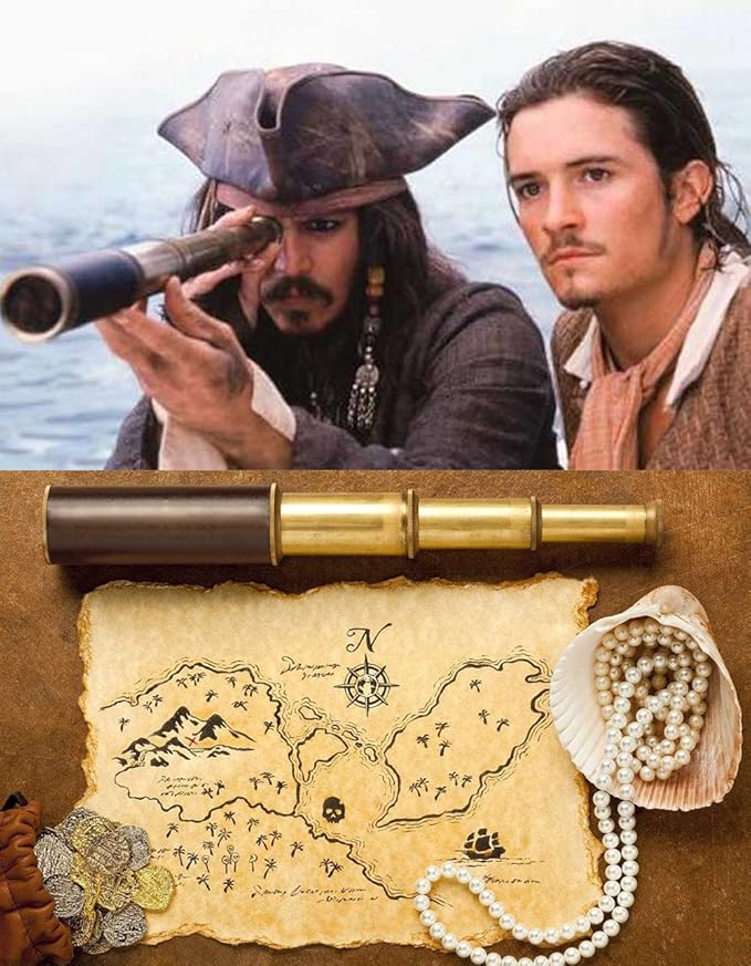 Retro Pirate Telescope Zoomable 25x30 Pocket Monocular Portable Collapsible BAK-4 Lens Captain Jack's Spyglass Handheld Telescope Vintage Telescope for Kids