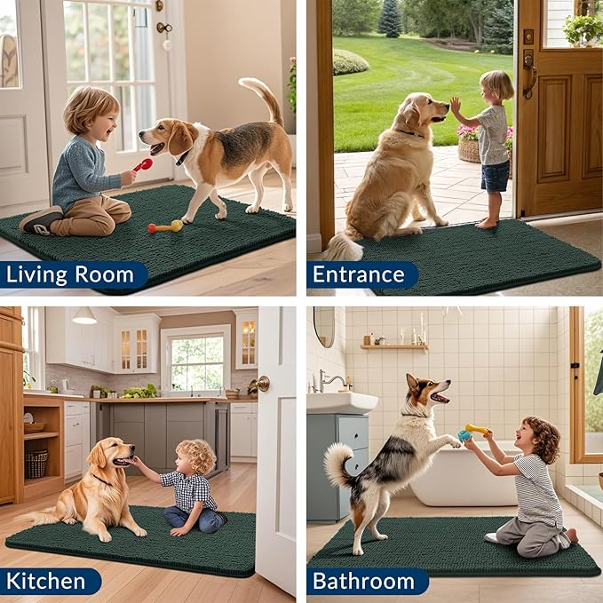 Smiry Dog Door Mat for Muddy Paws 47x32, Absorbs Moisture and Dirt Doormat, Non-Slip Washable Quick Dry Chenille Front Door Mat Indoor Entrance, Entryway Carpet for Inside Floor, Green
