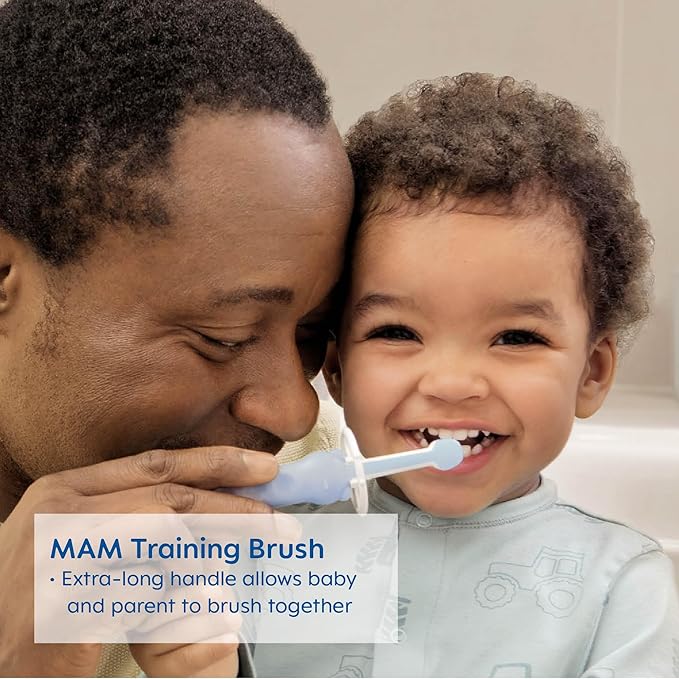 MAM Learn to Brush Set (1 Baby's Brush Toothbrush, 1 Training Brush, 1 Safety Shield), Baby Toothbrushes with Brushy The Bear, Interactive App, for Boys 5+ Months, Blue